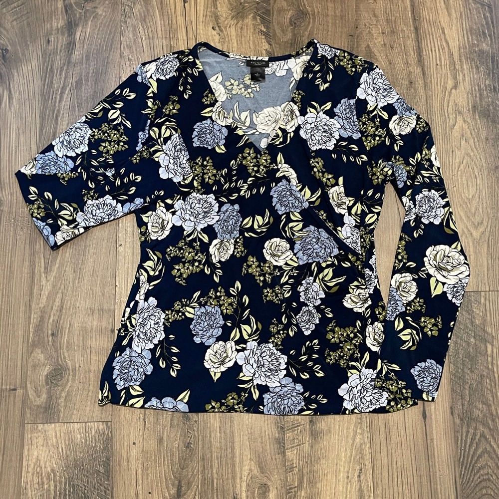Ann Taylor Factory Navy Floral Faux Wrap V-Neck Long Sleeve Top Large
